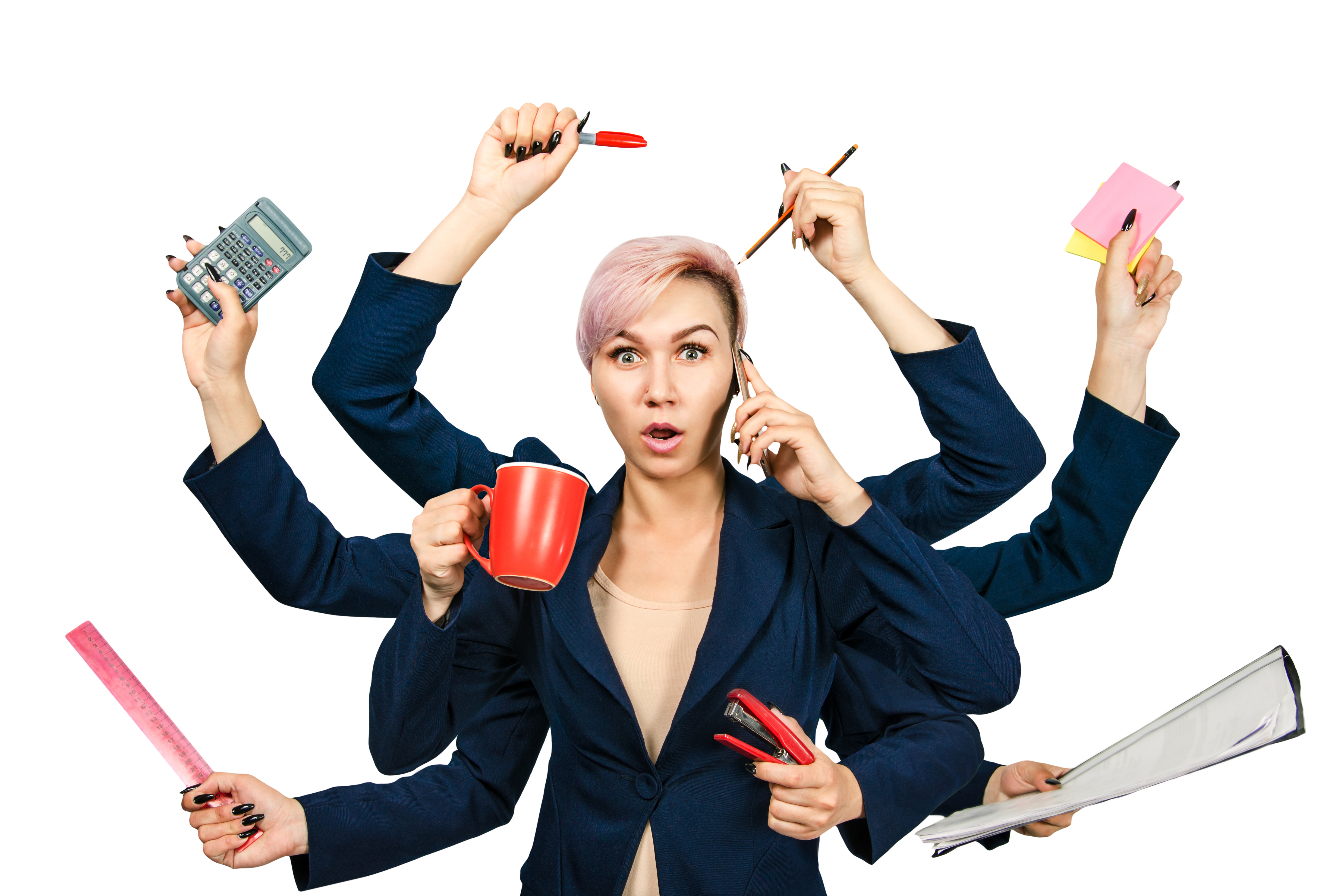 A woman with short pink hair and a blue suit with way more than two hands. Each hand is holding a different stationary tool.