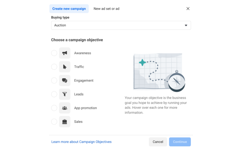 Picture of first step you make when creating a new Meta campaign. It shows the list of 6 ODAX objectives: Awareness, Traffic, Engagement, Leads, App promotion and Sales. On the right side of the picture is text 