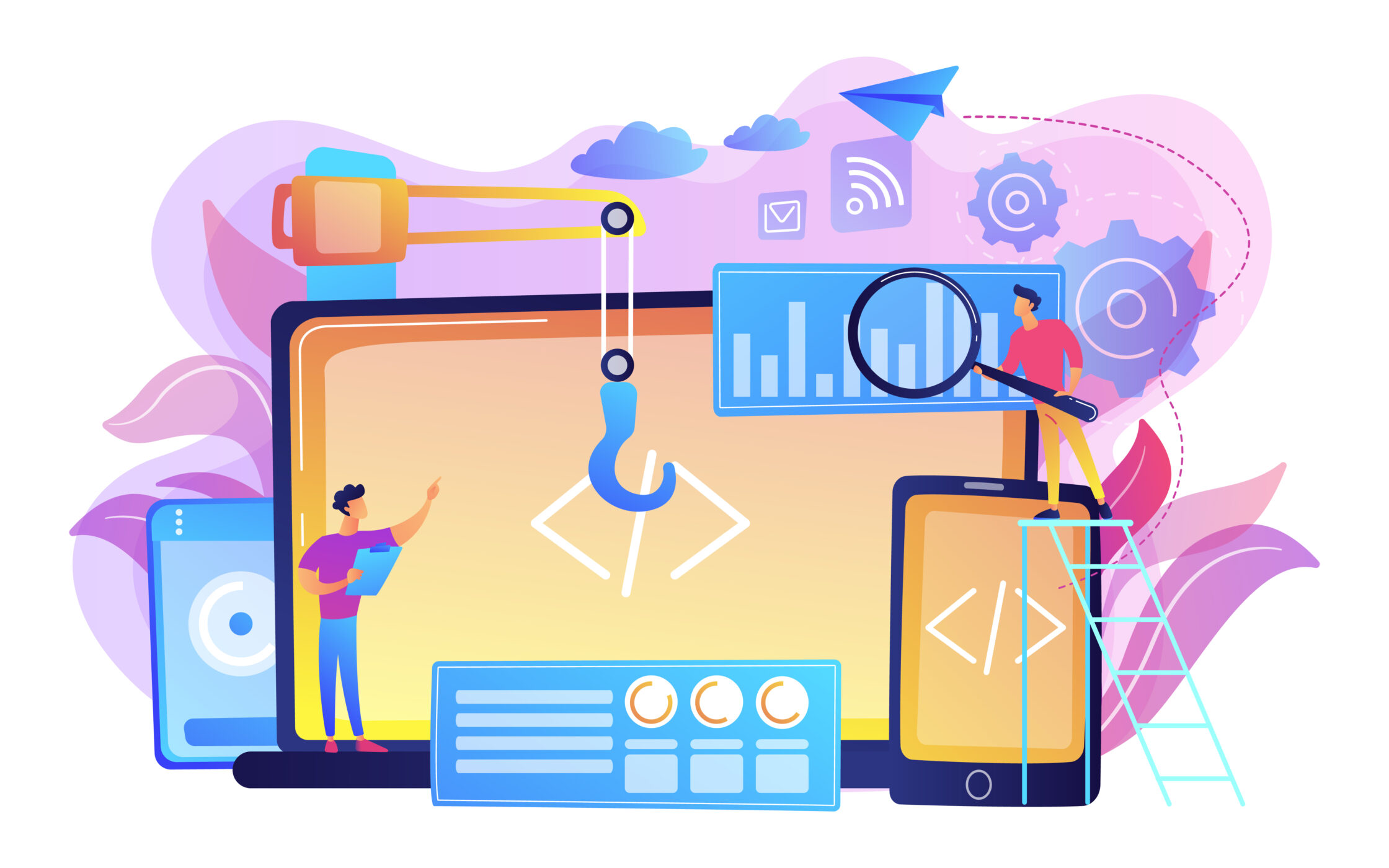 Marketers with laptop and tablet statistics and analytics. Bright vibrant violet vector isolated illustration