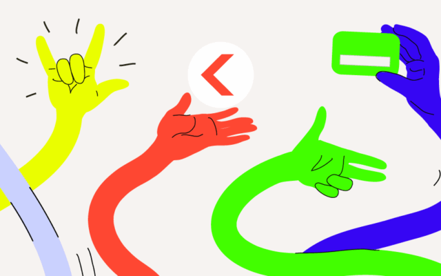 Visual branding ilustrated cartoon human arms holding different items. Kontra logo, coins, phone, card, various gestures and symbols, thumb up, ok finger gesture.